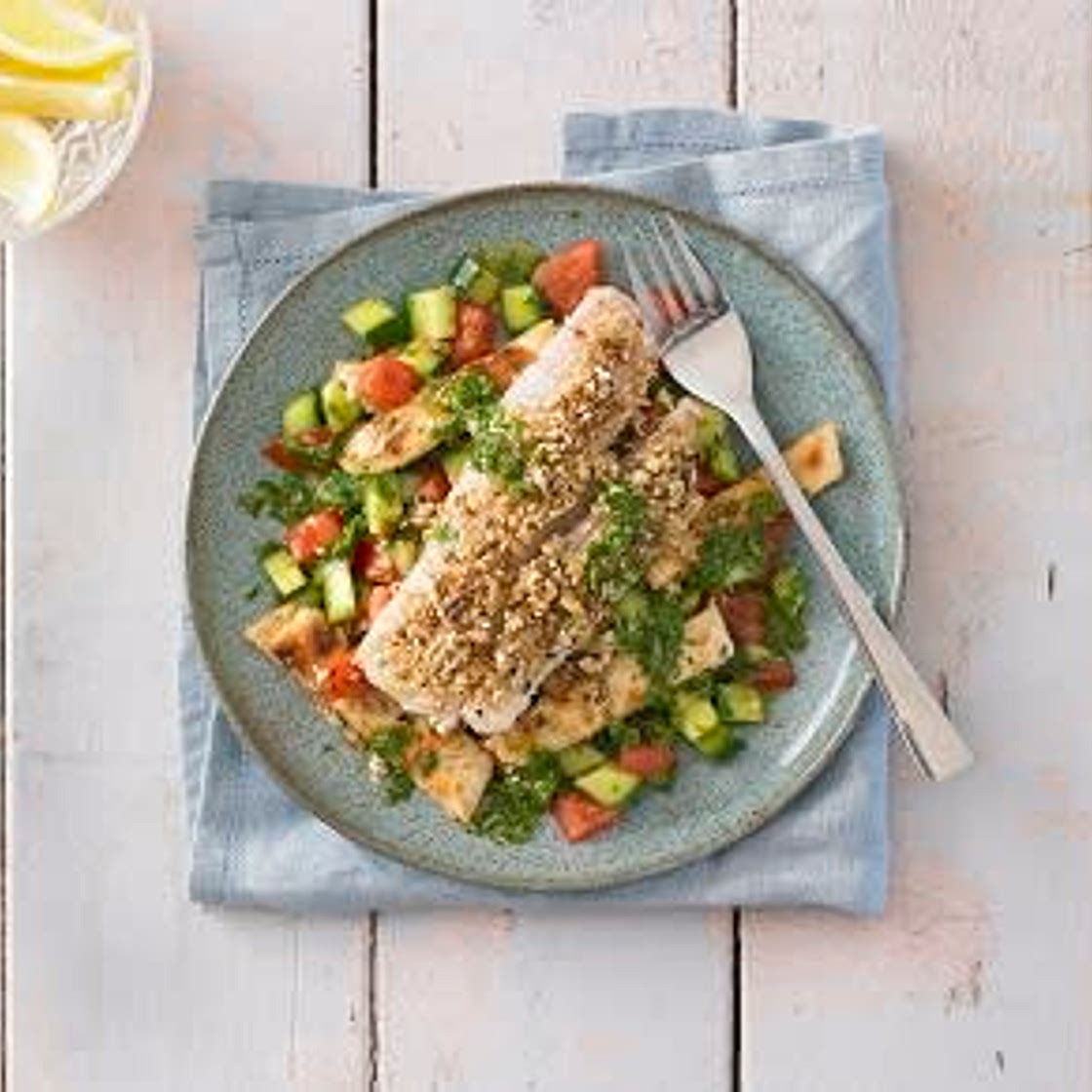 Spicy Crusted Pollock with Middle Eastern Bread Salad
