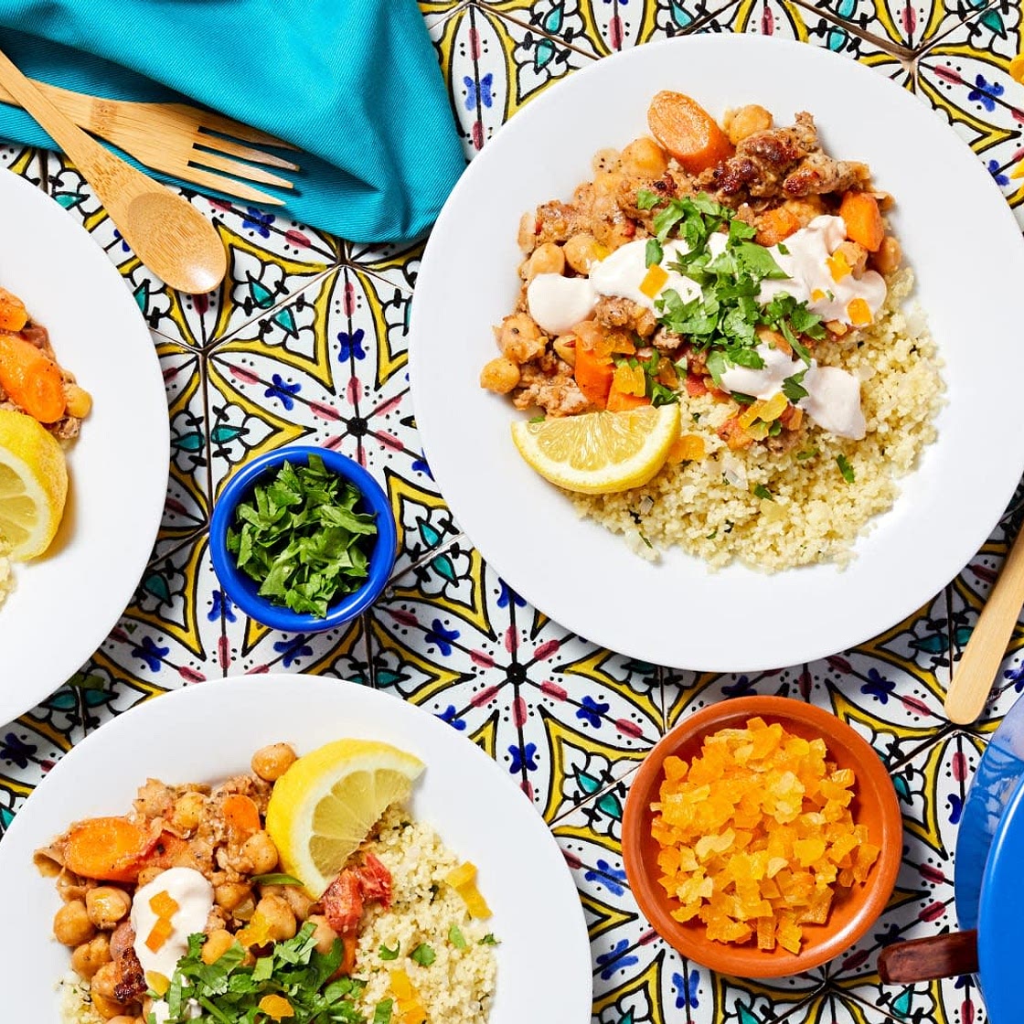 HF - Moroccan Chicken Sausage Tagine with Dried Apricots and Chickpeas over Couscous