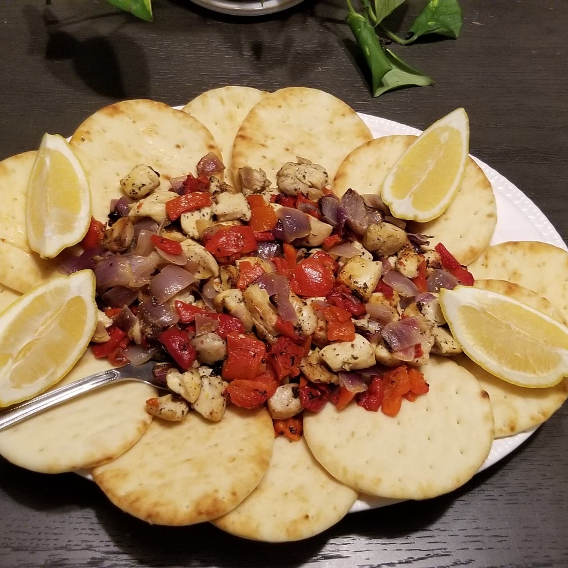 Roasted Red Pepper Chicken with Lemony Garlic Hummus