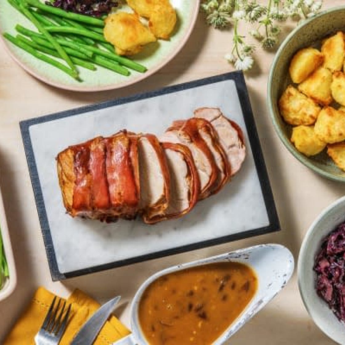HF - Bacon Wrapped Pork and Onion Gravy with Roast Potatoes, Red Cabbage and Green Beans