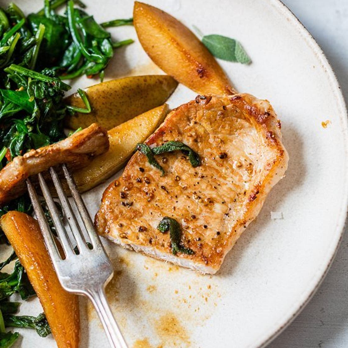 Pork Chops and Pears with Spicy Mustard Greens
