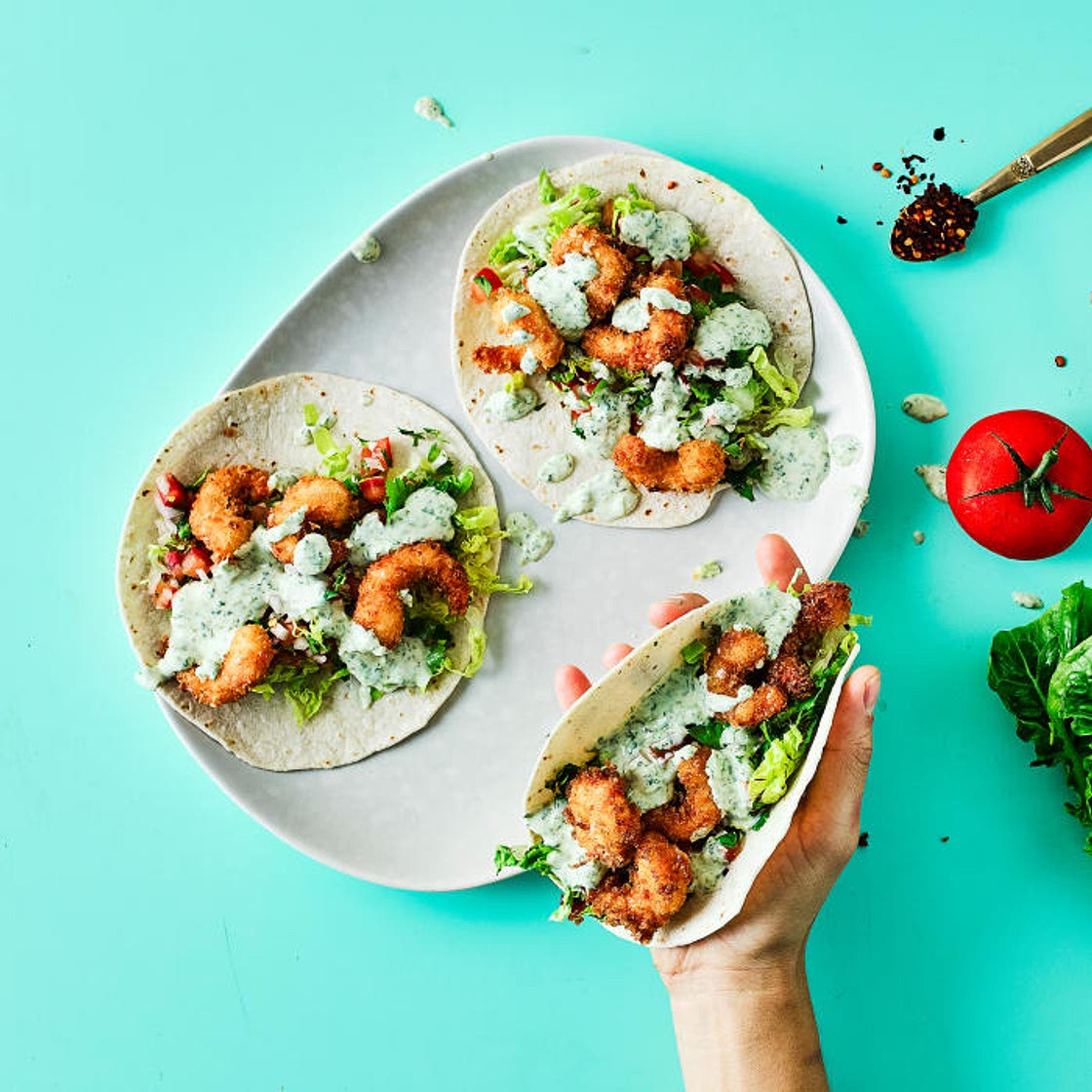 G - Crispy Prawn Tacos With Coriander Mayo
