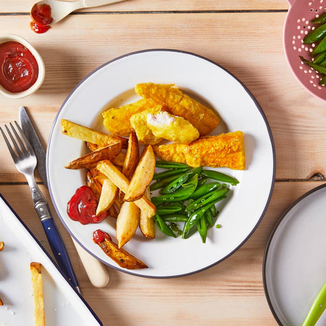G - Homemade Fish Fingers, Chunky Chips & Mangetout