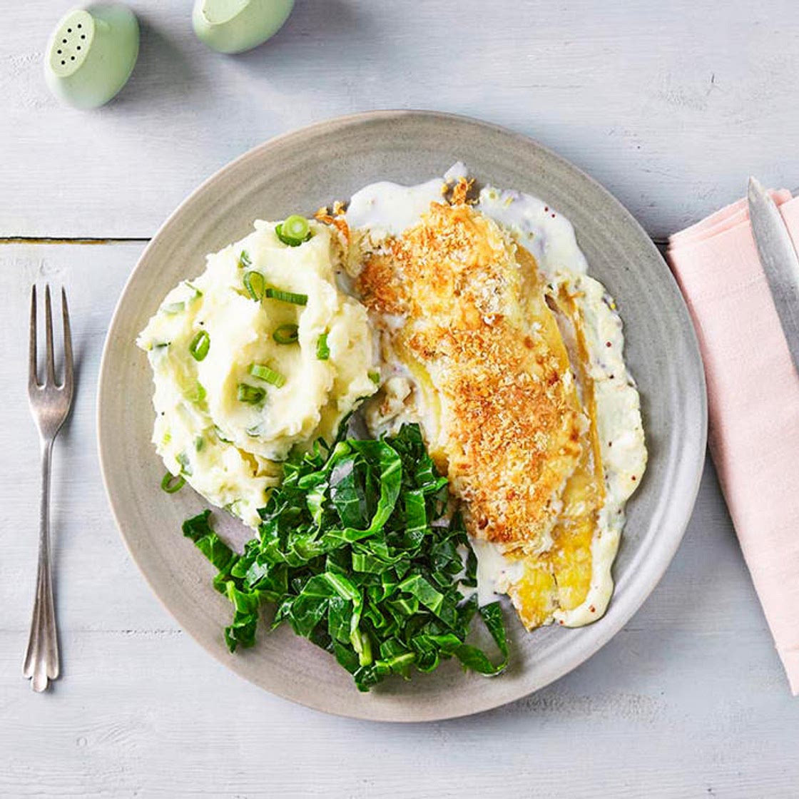 G - Smoked Fish Gratin, Spring Onion Mash & Garlicky Greens