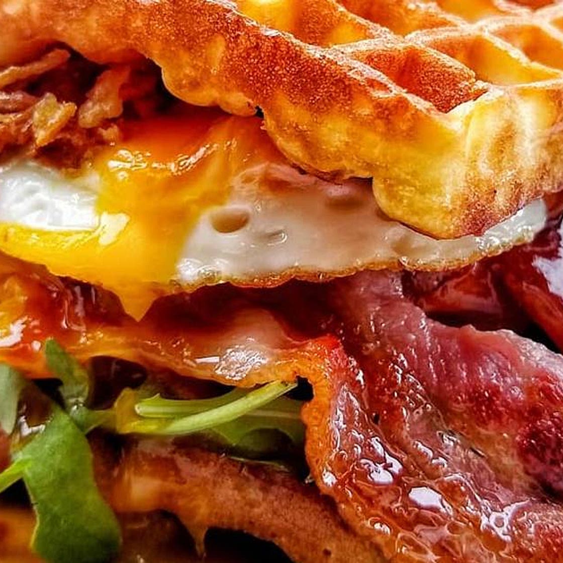 Southern Chicken Waffle Burger With Egg & Maple Glazed Bacon