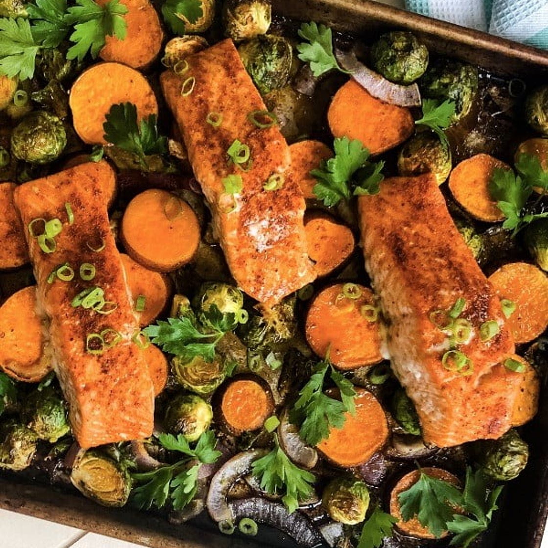 Maple Salmon Sheet Pan Dinner with Sweet Potatoes and Brussels Sprouts