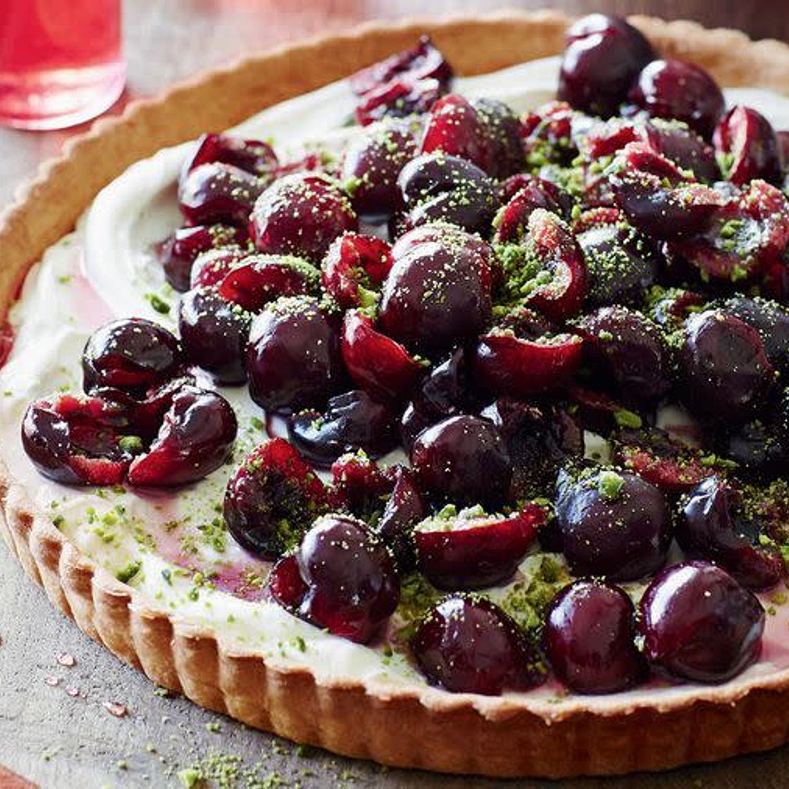 Cherry, pistachio and rose tart