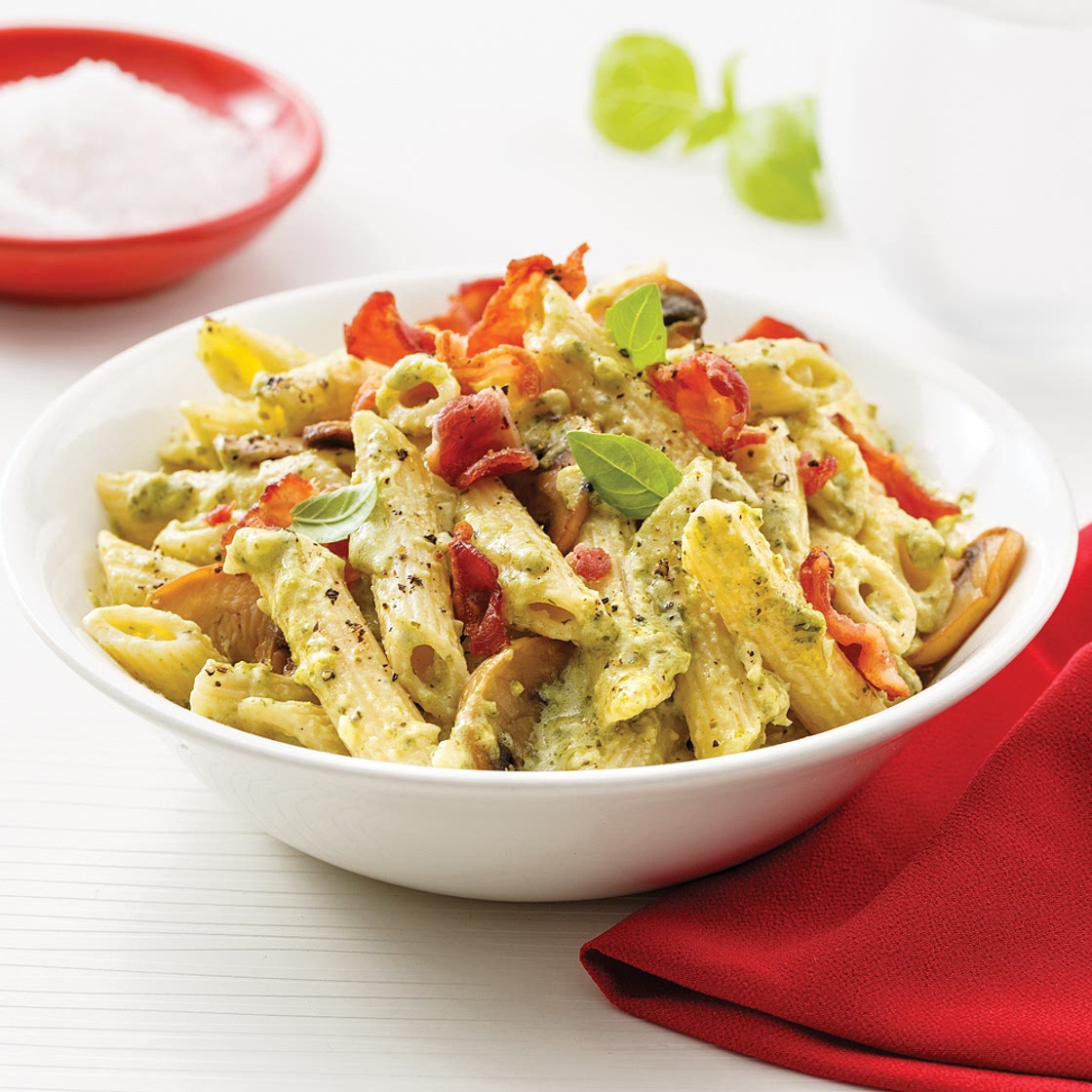 Pennes au pesto et bacon