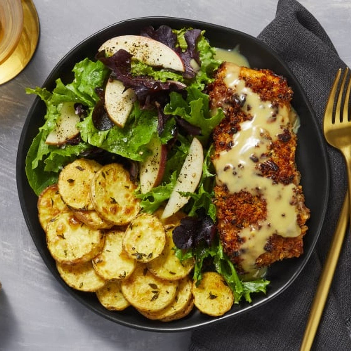 HF -- Pecan-Crusted Trout with an Apple-Studded Salad & Thyme-Roasted Potatoes