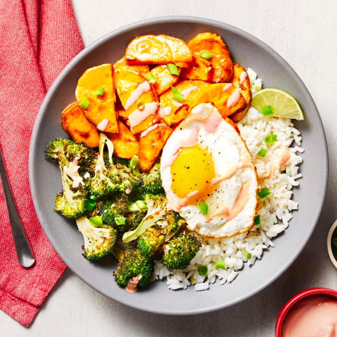 HF - Honey Miso Broccoli Donburi with Sweet Potato, Fried Eggs, Scallion Rice & Sriracha Mayo