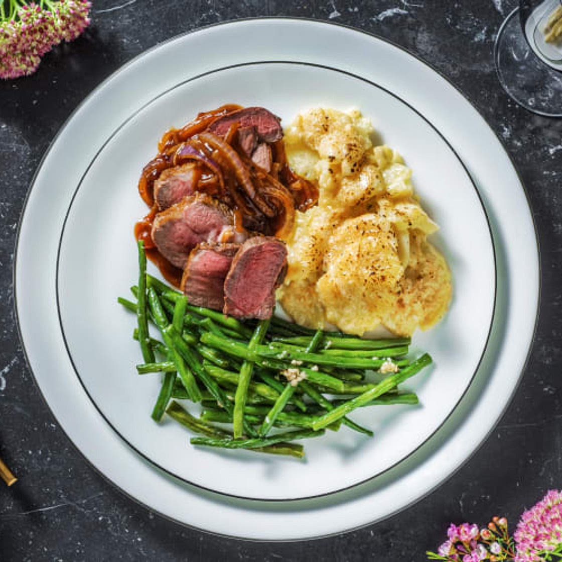HF - Lamb Steak, Dauphinoise Potatoes and Red Wine Jus with Garlicky Green Beans
