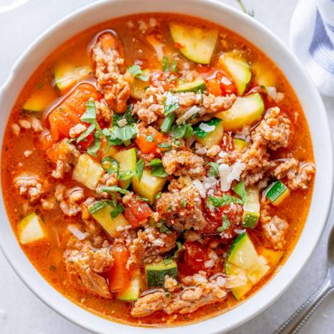 Healthy Zucchini Tomato Italian Sausage Soup