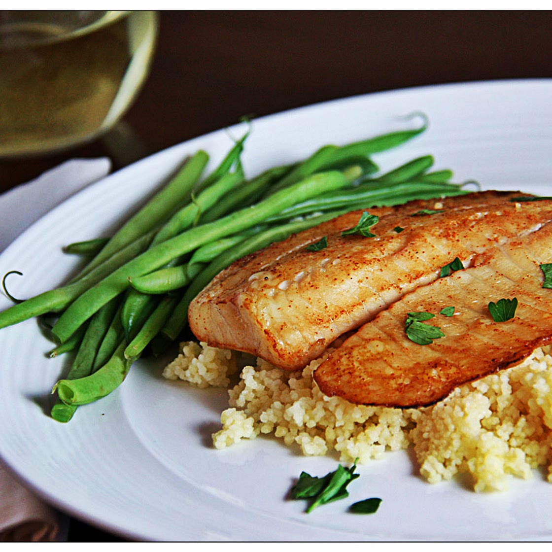 Sweet and Spicy Tilapia over Couscous with Green Beans - NMTG | Deliciously Healthy Meal Planning Service