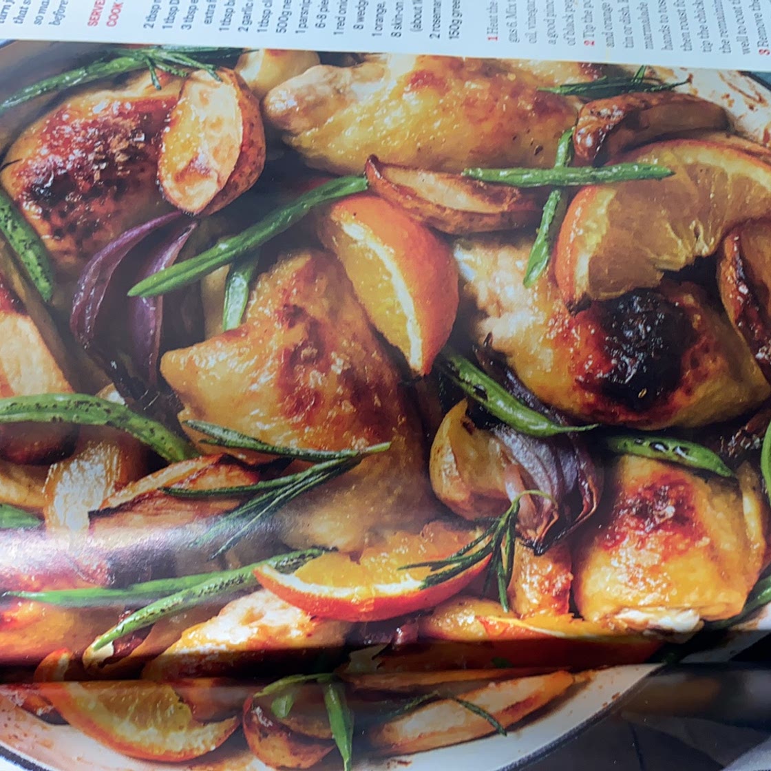 Roast chicken with mustard, marmalade,  parsnips and orange