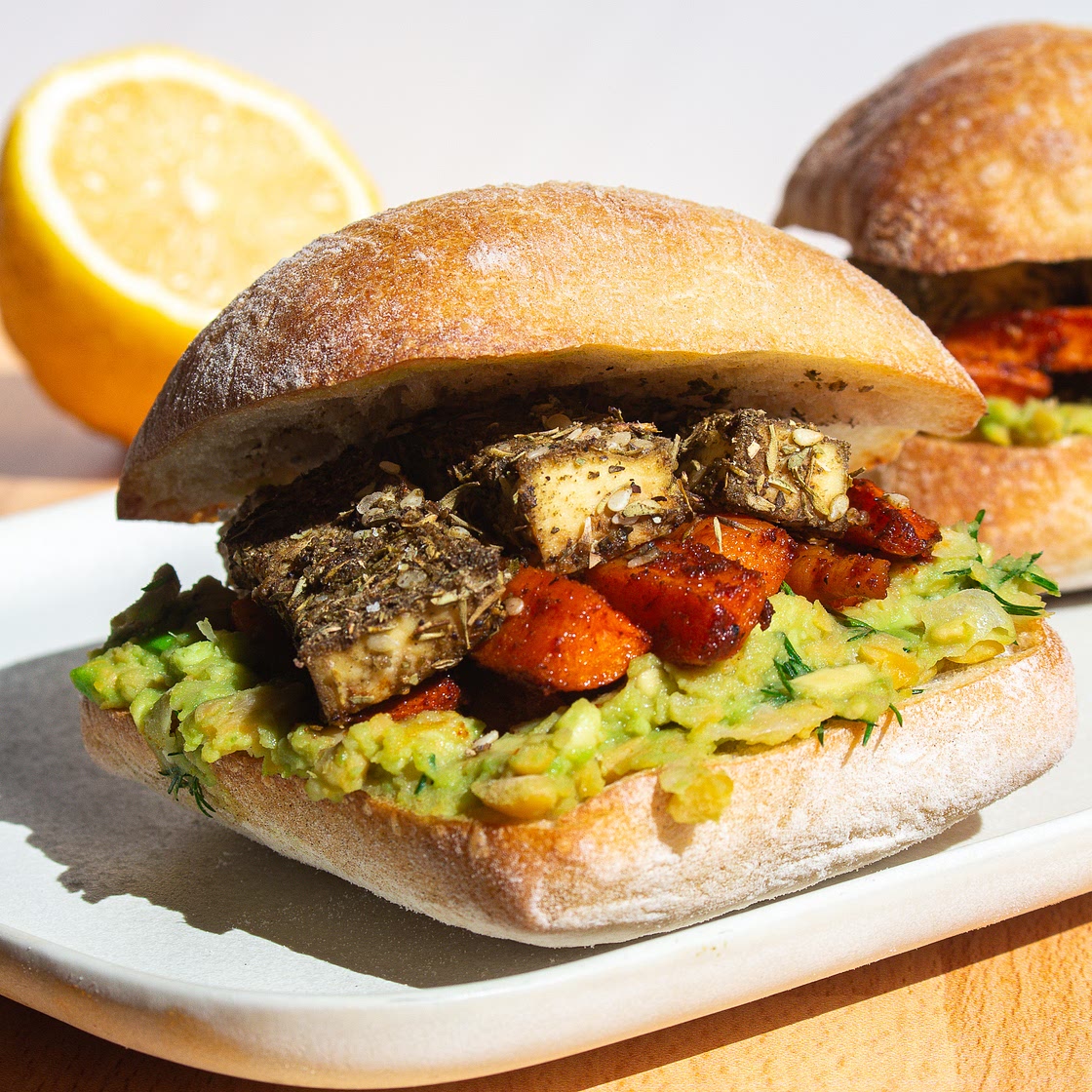 Za'atar Tofu Sandwich with Harissa Carrots & Mashed Lemon Dill Chickpea Avocado