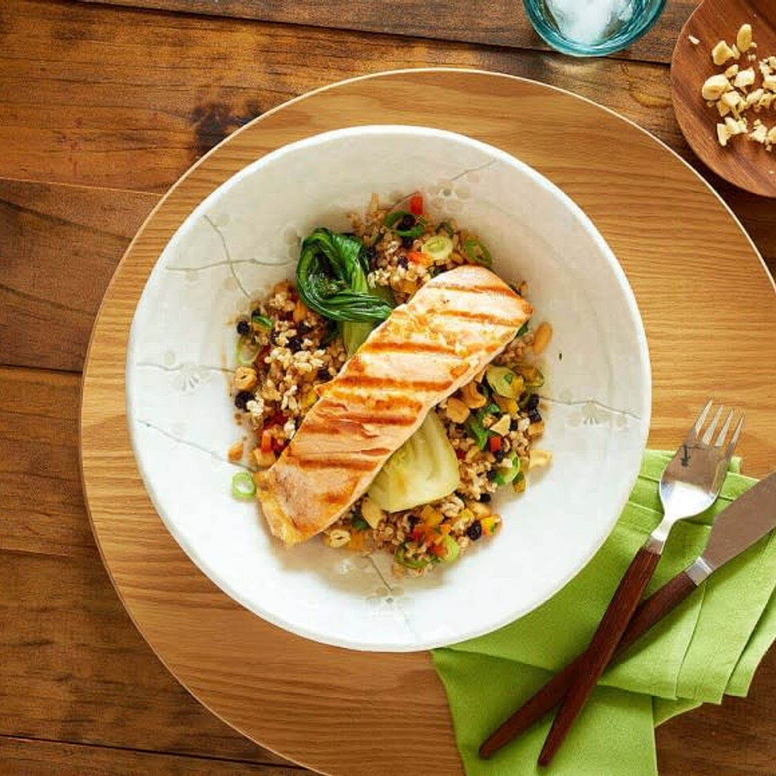 Grilled Wild Salmon with Brown Rice Salad & Bok Choy