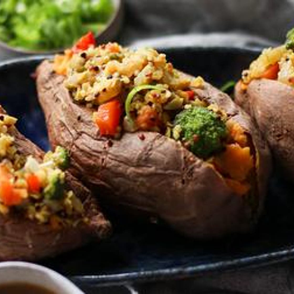 Quinoa & Red Lentil Stuffed Sweet Potatoes