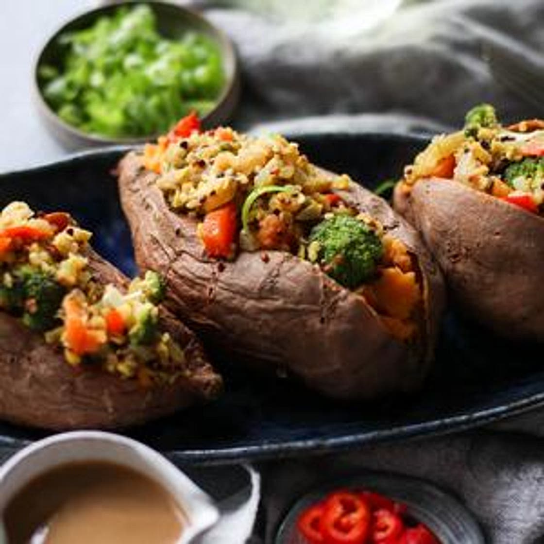Quinoa & Red Lentil Stuffed Sweet Potatoes