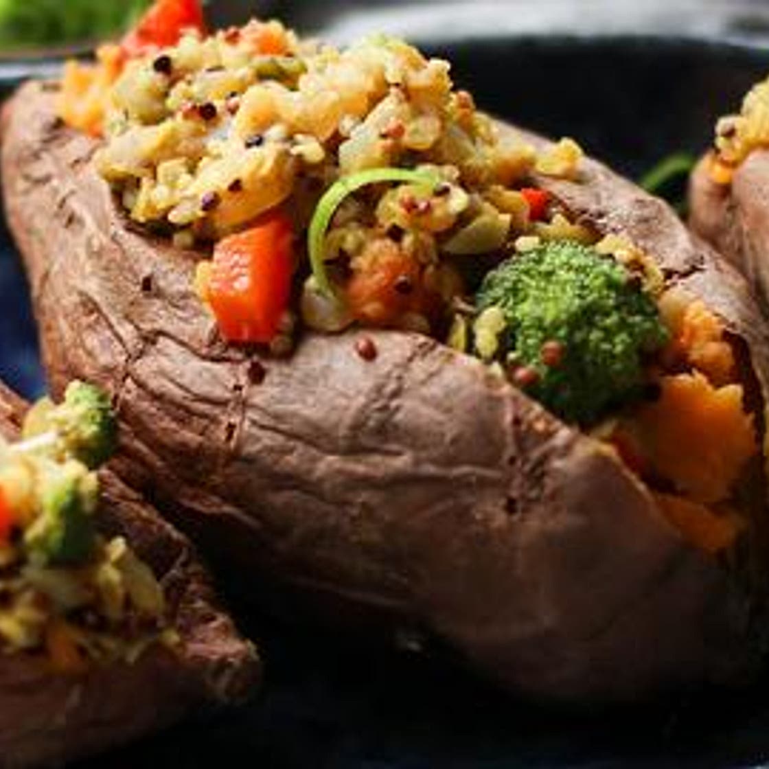 Quinoa & Red Lentil Stuffed Sweet Potatoes