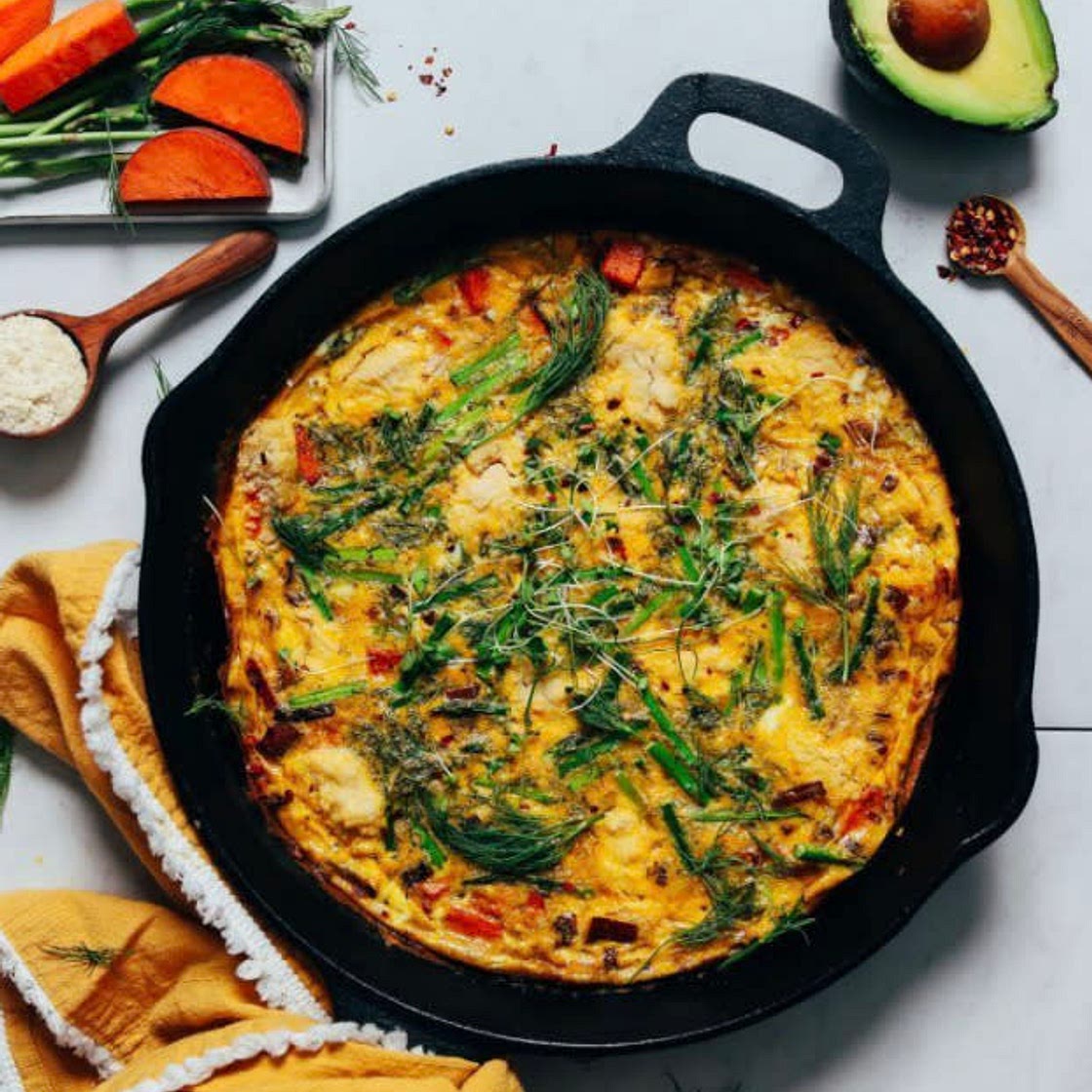 Frittata with Leeks, Asparagus, + Sweet Potato