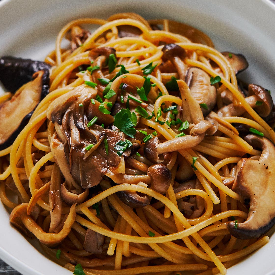 Butter Shoyu Pasta with Japanese Mushrooms