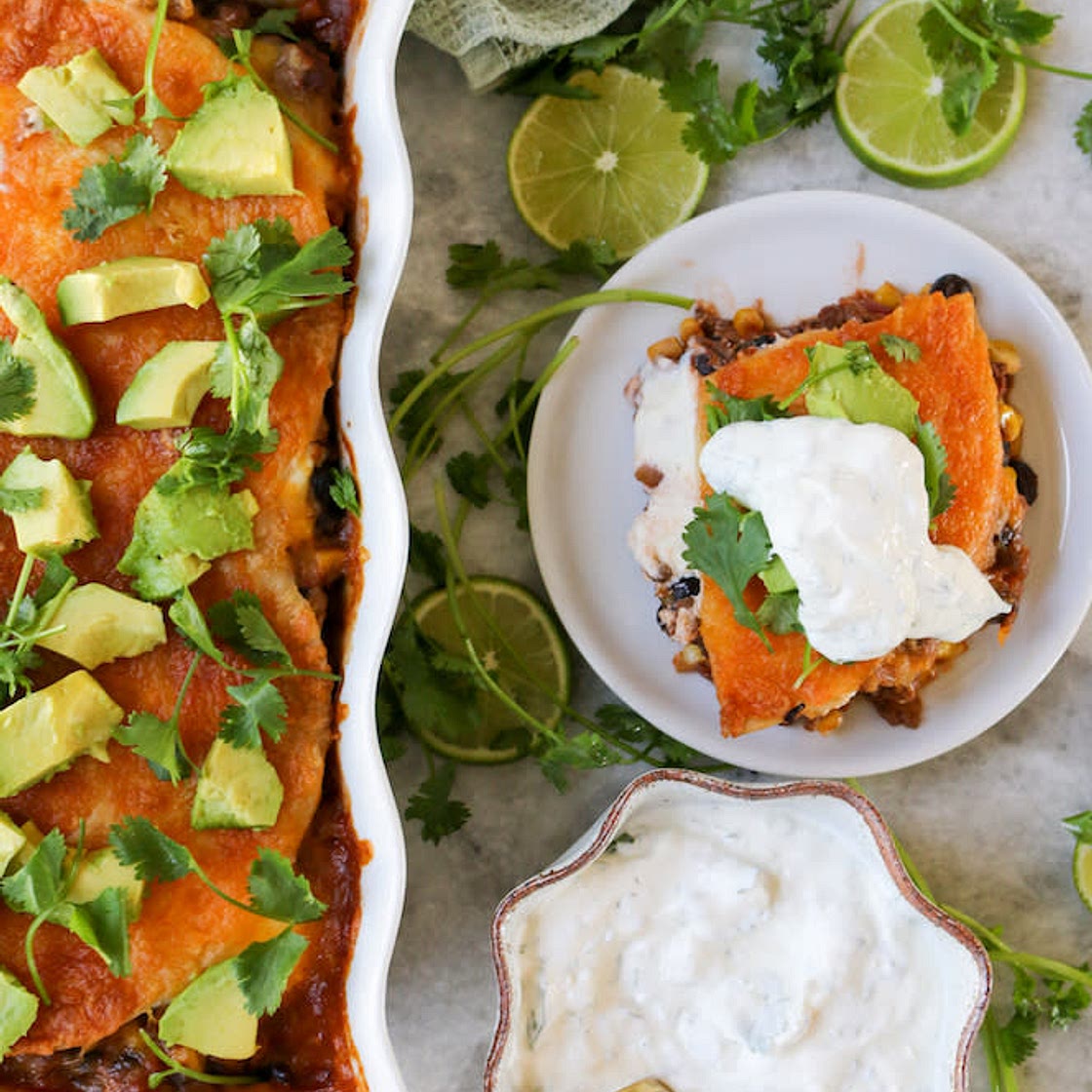 mexican lasagna + cilantro lime creme