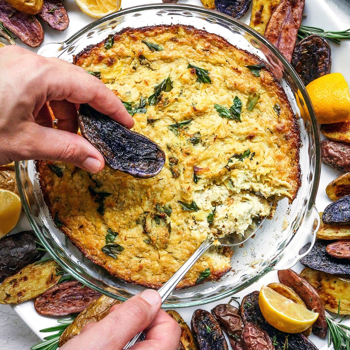 Whole30 Hot Artichoke-Parsley Dip with Roasted Fingerling Dippers From The Whole30 Friends & Family