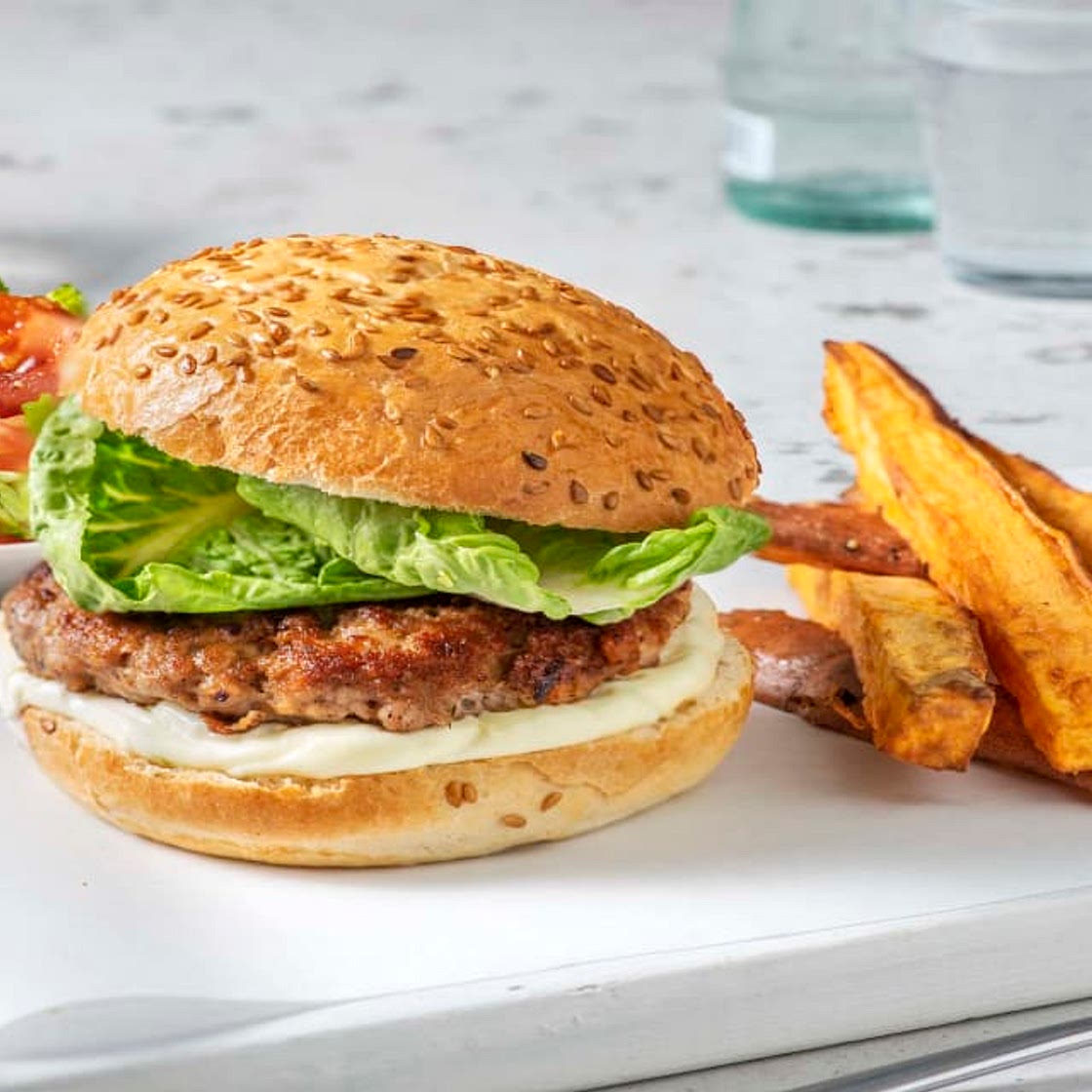 Mexican Style Pork Burger with Sweet Potato Chips, Zingy Salad and Lime Mayo