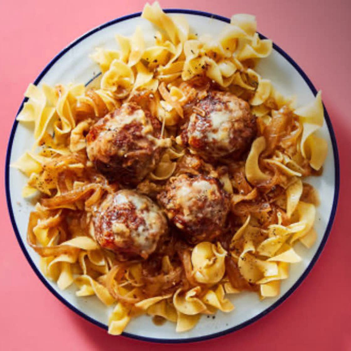 Saucy Skillet French Onion Soup Meatballs With Egg Noodles