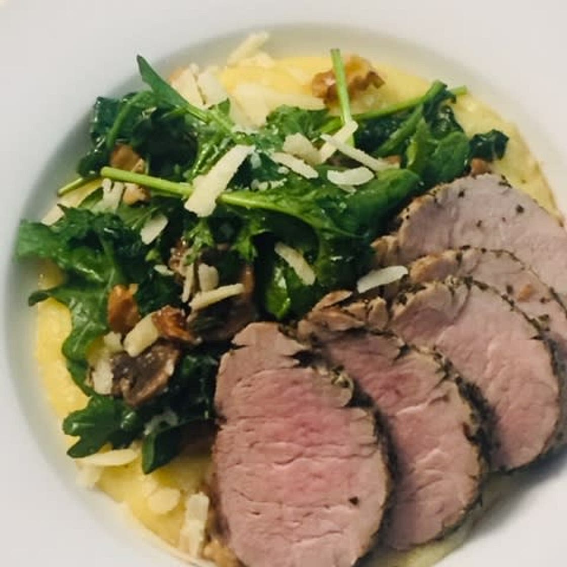 Rosemary Crusted Pork Tenderloin with Creamy Polenta and Wilted Greens