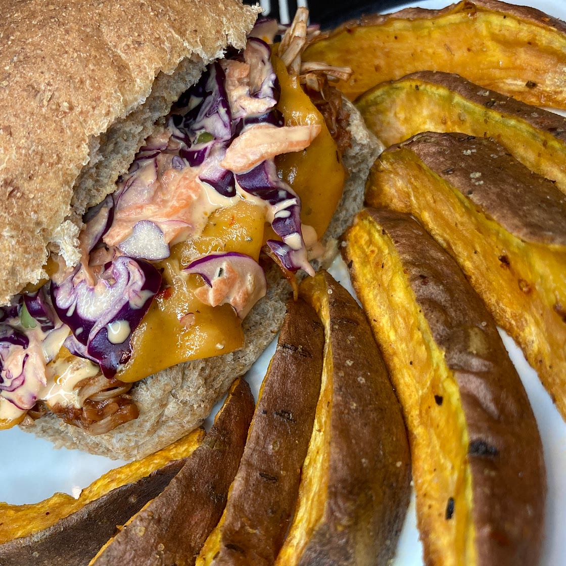 Pulled BBQ Jackfruit Burger w Coleslaw & Sweet Potato Wedges