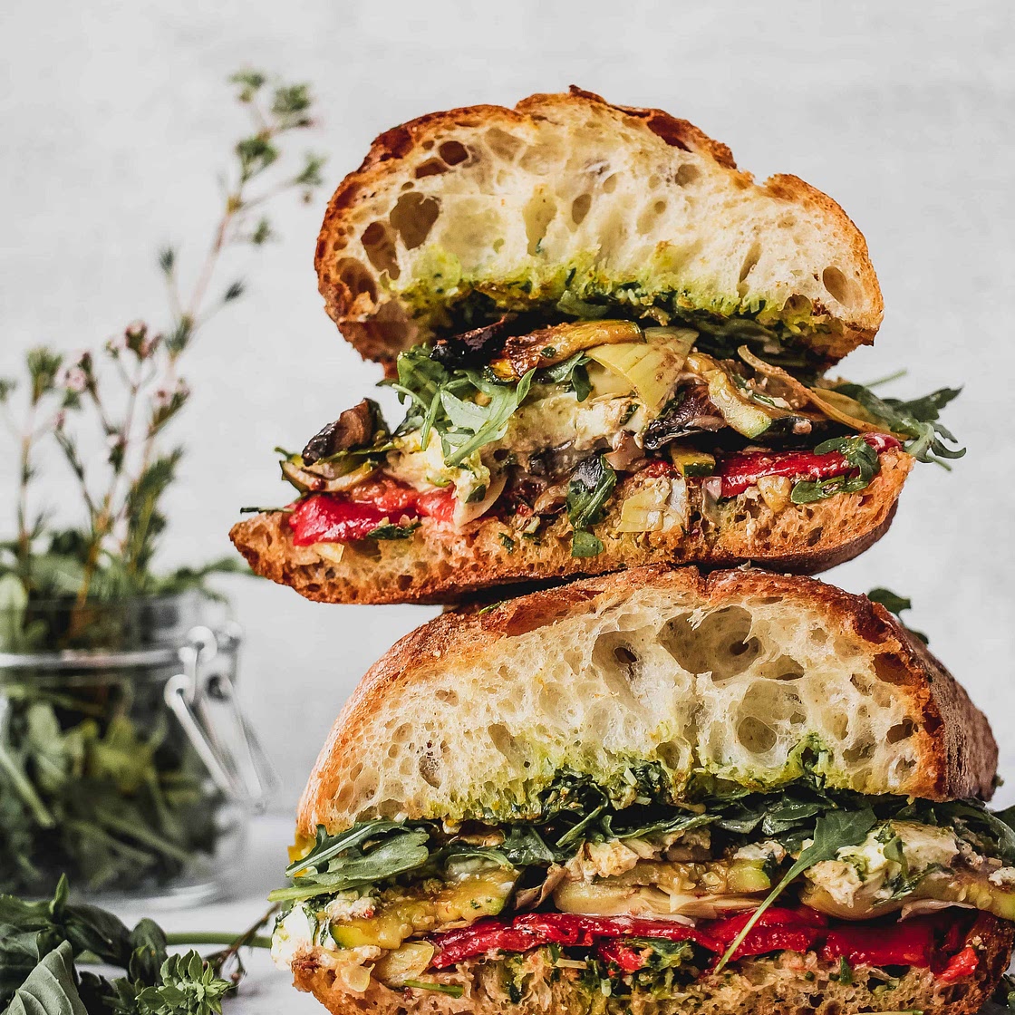 Roasted Vegetable and Burrata Antipasto Sandwich with Tarragon Lemon Basil Pesto