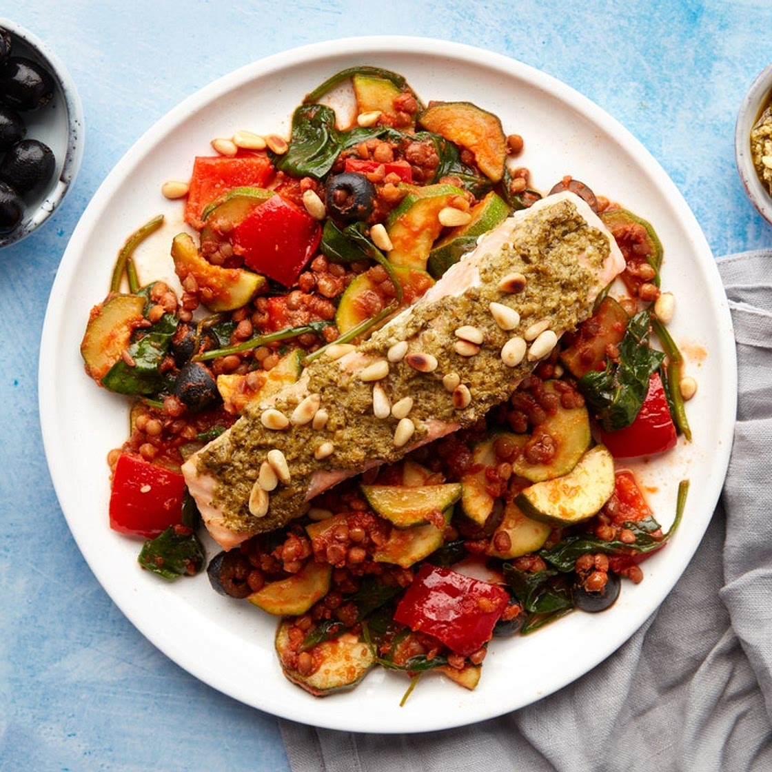 MC - Roasted pesto salmon & Mediterranean-style lentils