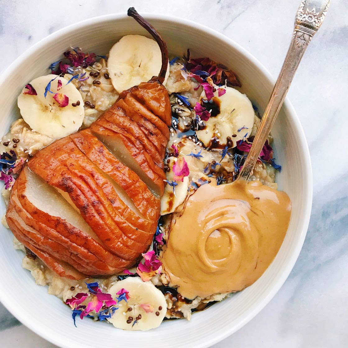 Hasselback Baked Pear Oatmeal Bowl