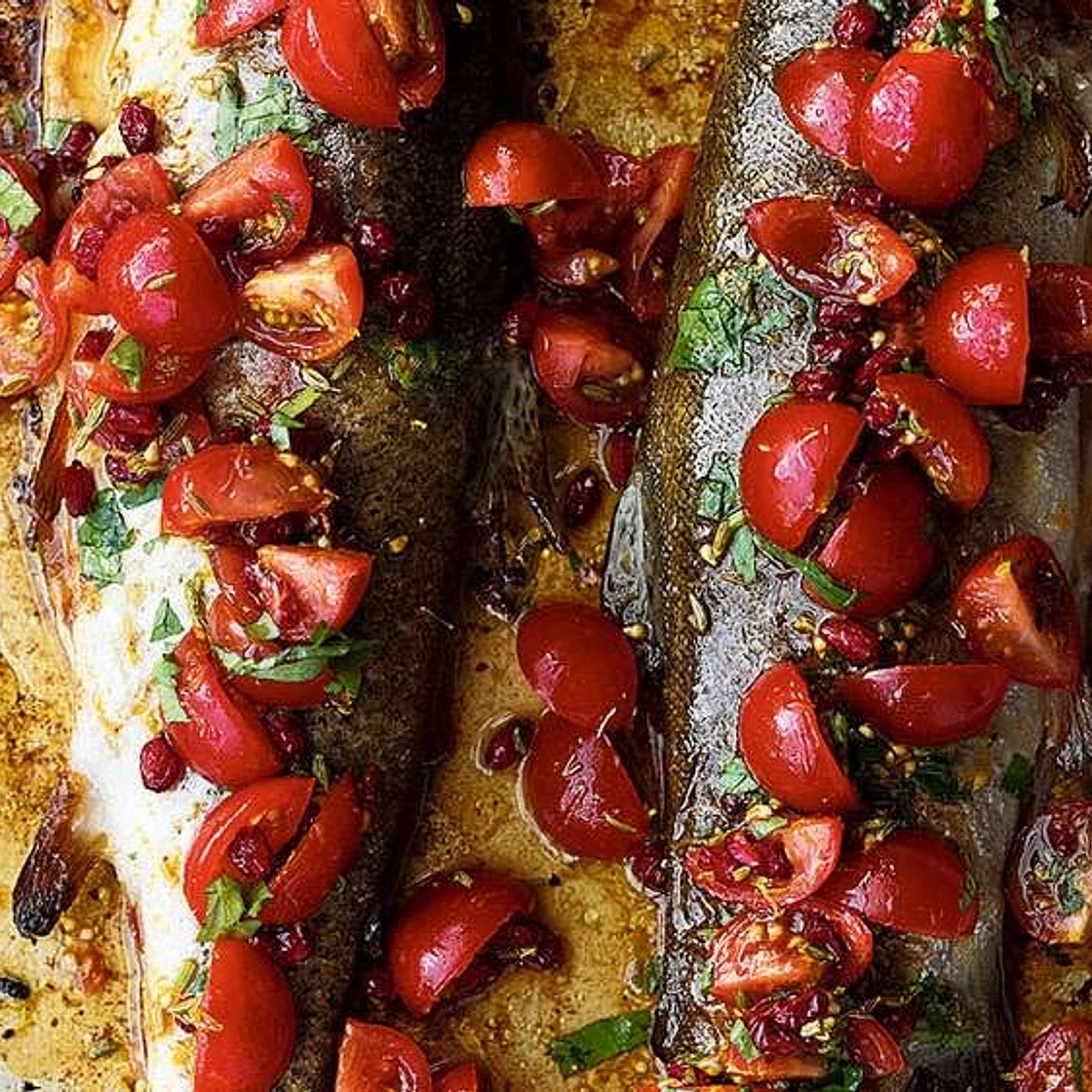 Roasted trout with tomato, orange and barberry salsa