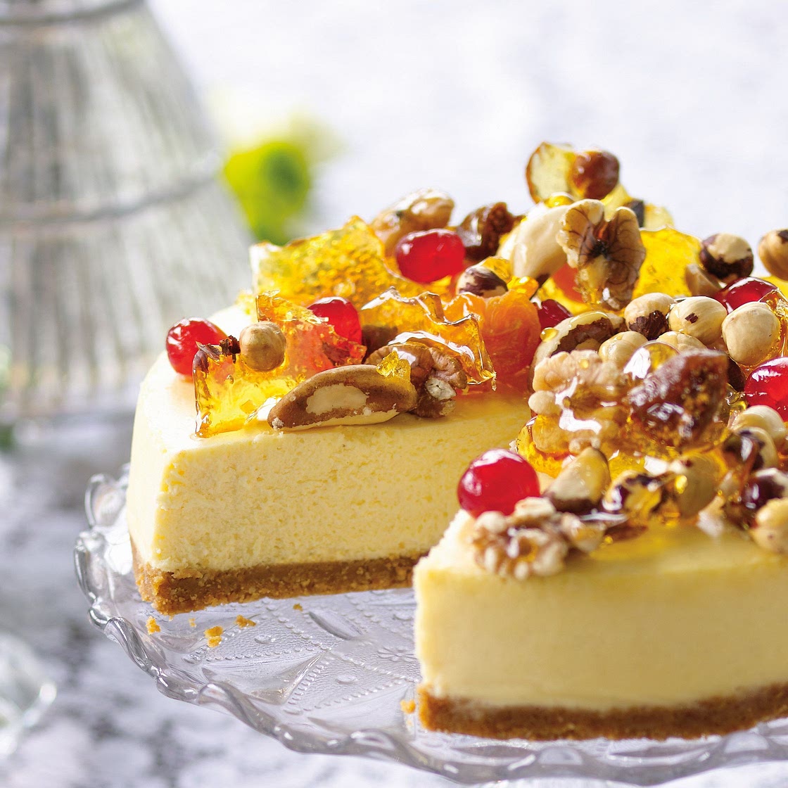 Eggnog cheesecake with stained-glass praline