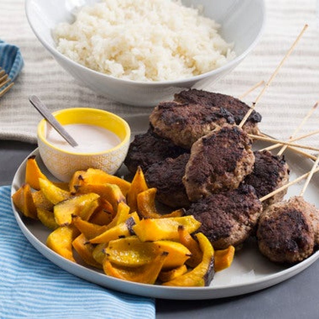 Mediterranean Beef Skewers with Roasted Shokichi Squash & Garlic Rice
