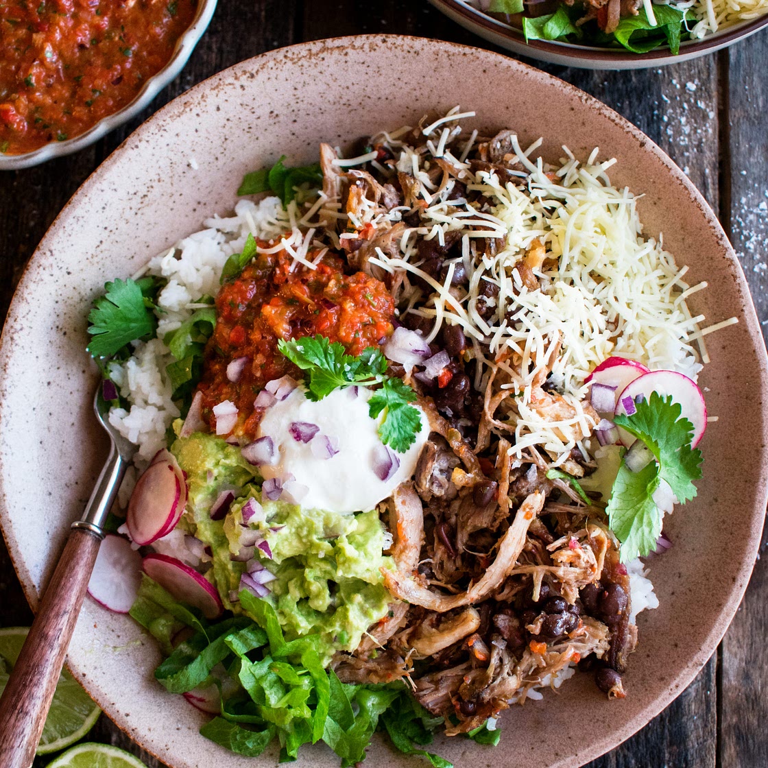 Carnitas Burrito Bowl with Red Pepper Salsa