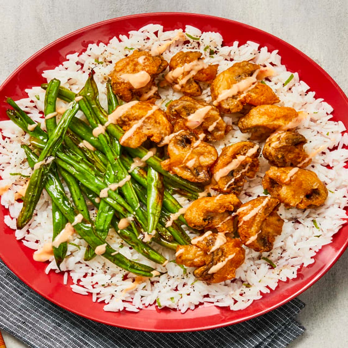 Dynamite Mushroom Tempura with Roasted Green Beans & Zesty Rice