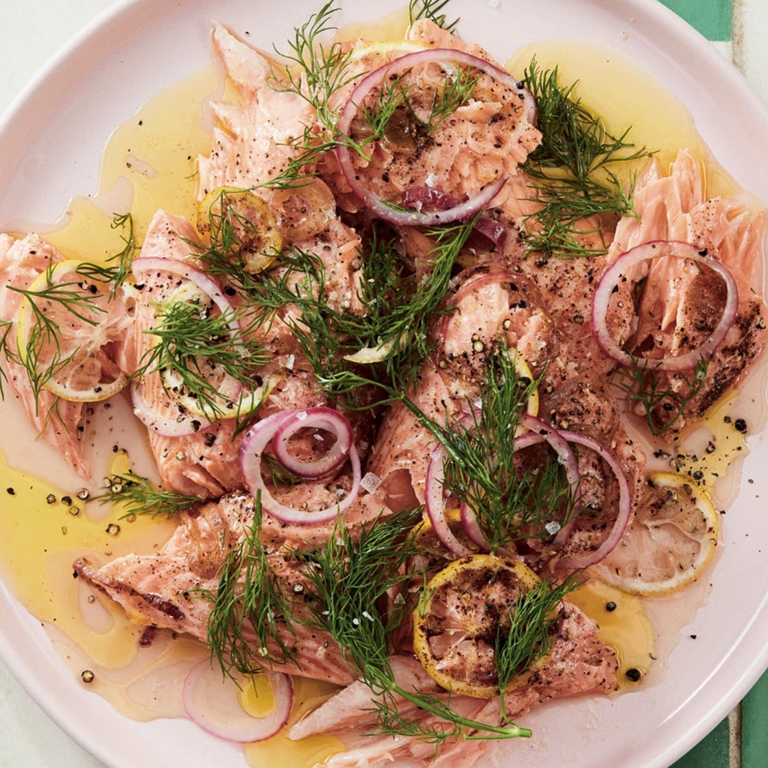 buttered salmon with red onion, capers and dill