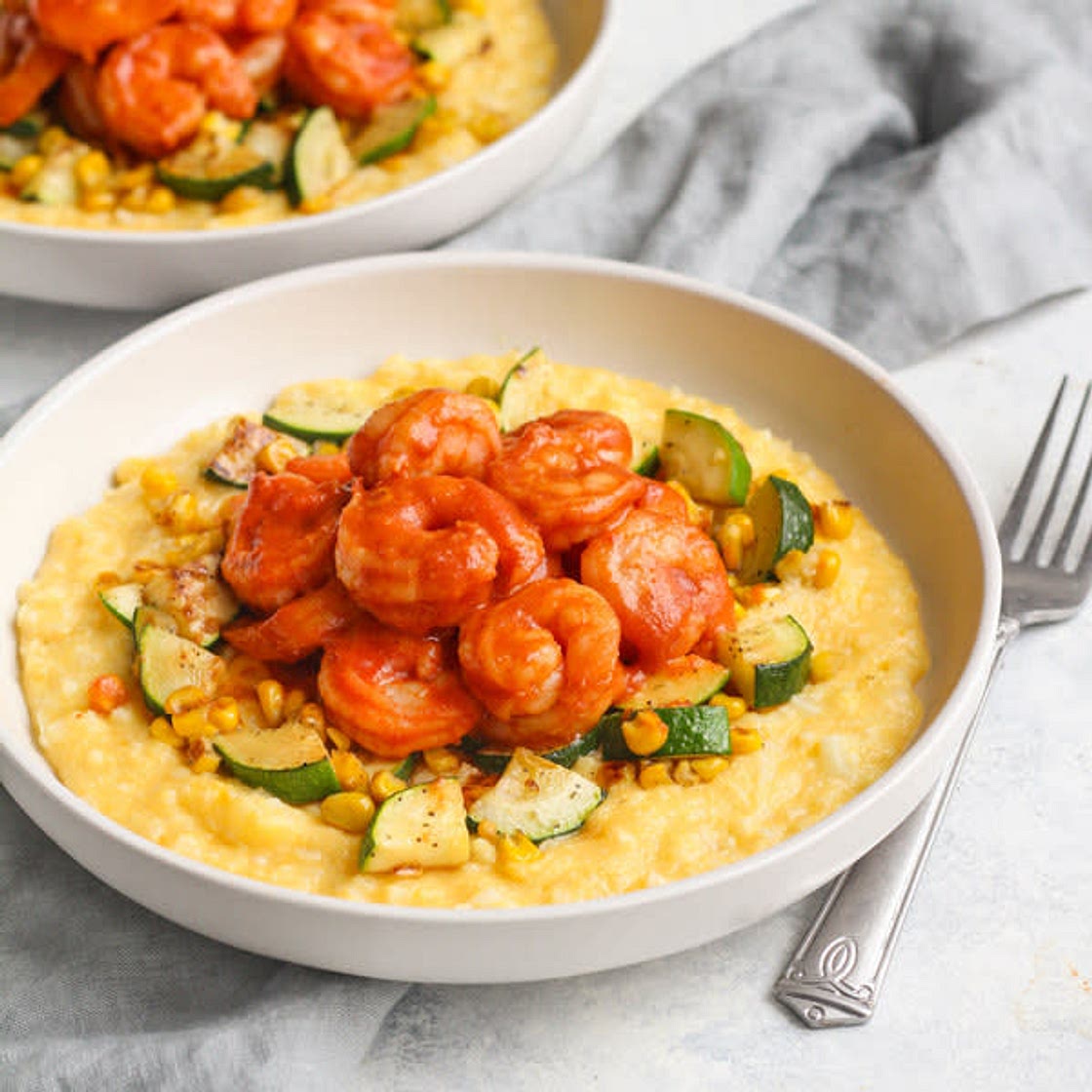 BBQ Shrimp, Zucchini and Corn over Cheddar Cauliflower Grits