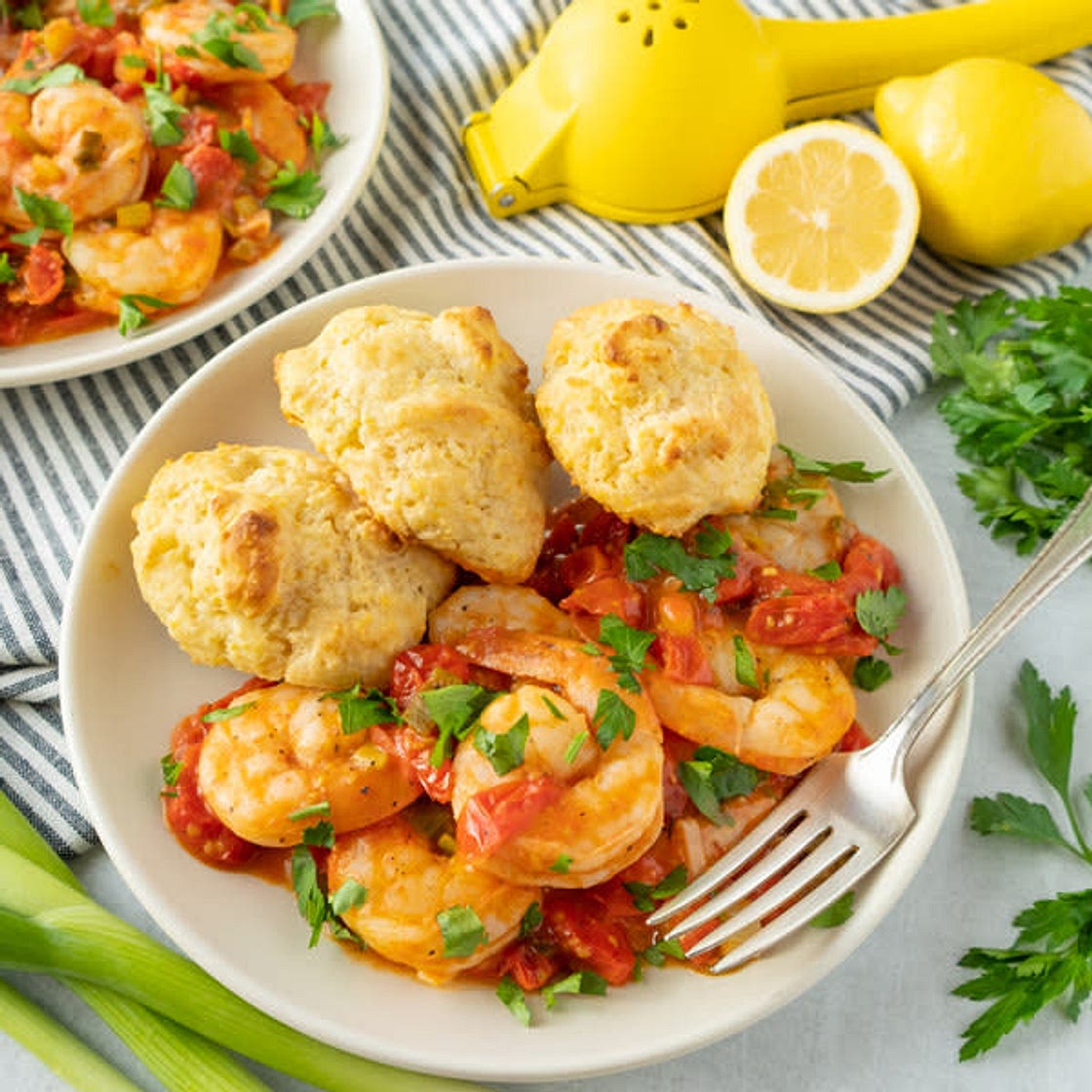 Cherry Tomato & Garlic Shrimp Sauté with Cornmeal Drop Biscuits