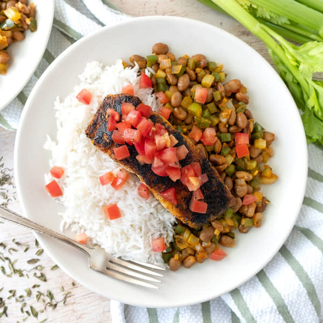 Blackened Salmon with Cajun-Spiced Beans, Rice & Tomato Relish