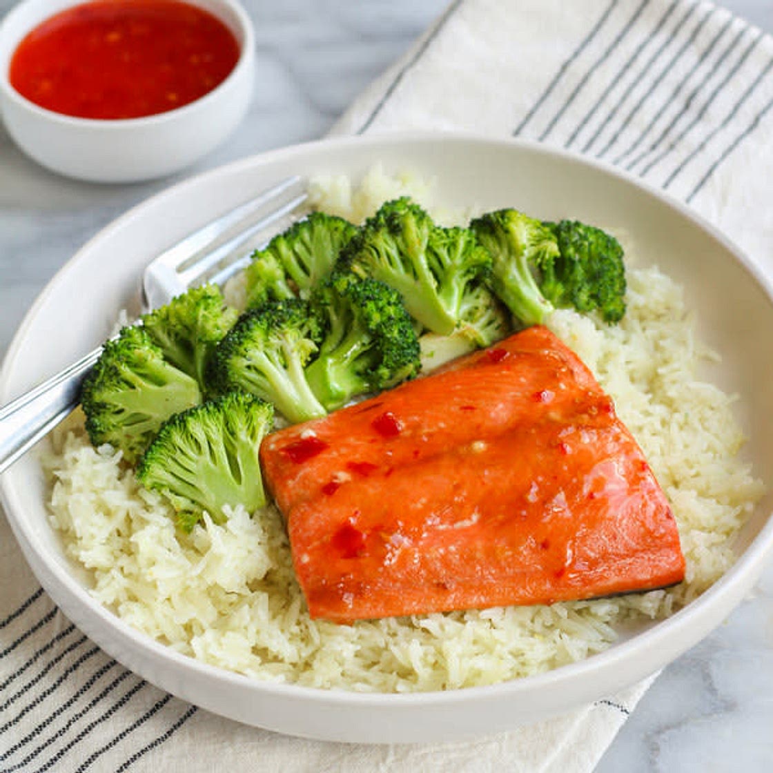 Simple Sweet Chili Salmon with Sesame Broccoli & Rice