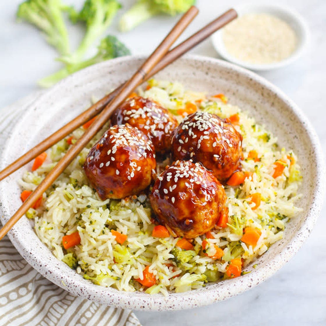 Teriyaki Salmon Meatballs with Broccoli, Carrot & Rice Pilaf