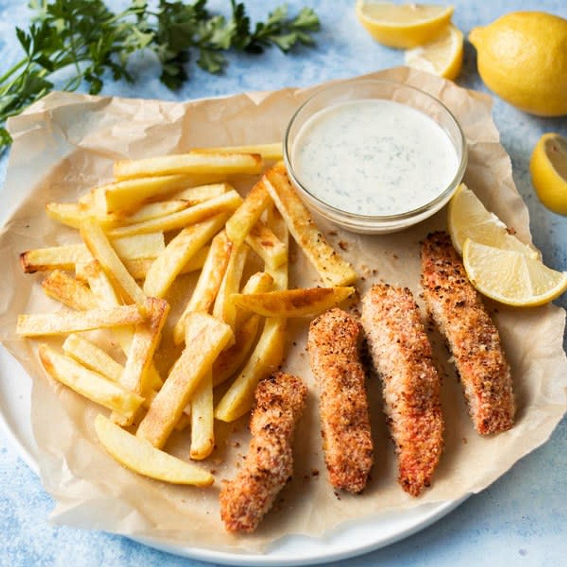 Salmon Fish Fingers with Oven-Baked Fries & Zesty Yogurt Sauce