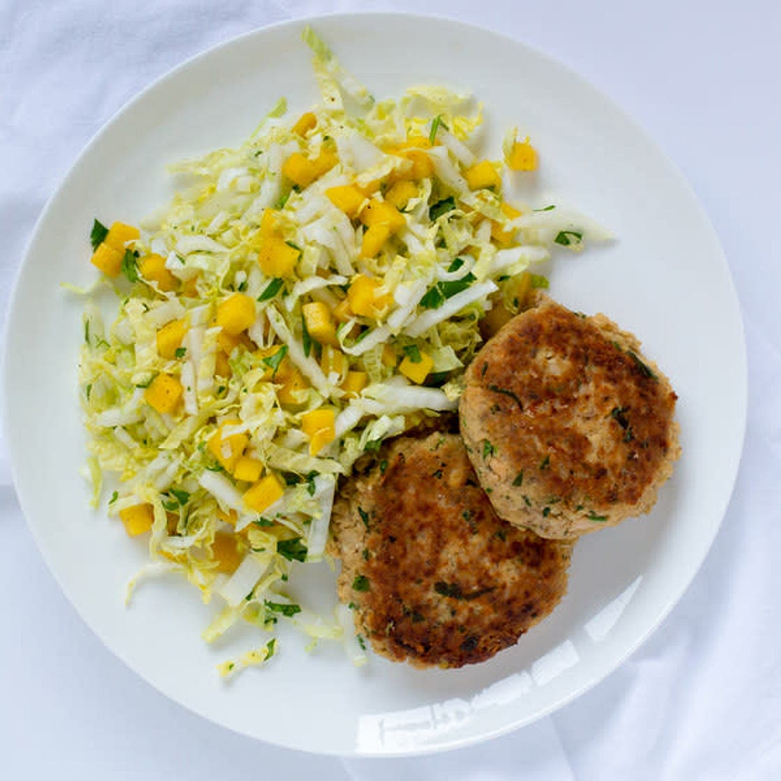 Salmon Cakes with Mango Cabbage Slaw