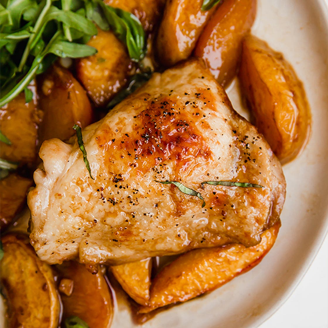 One Pan Balsamic Peach Chicken Thighs