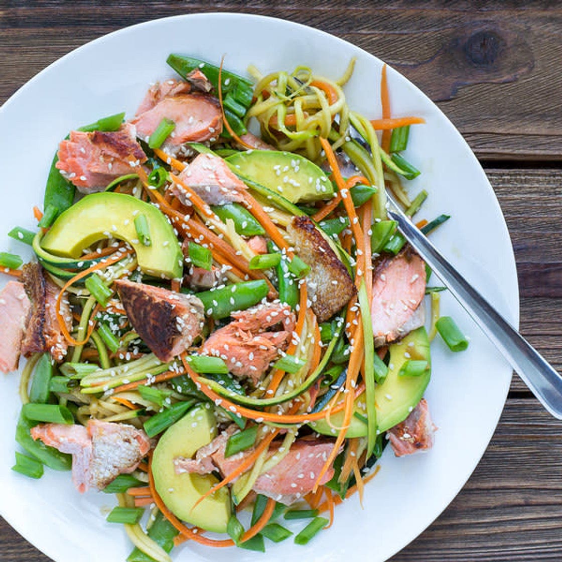 Asian Salmon Zucchini Noodle Bowl with Carrots & Sugar Snap Peas