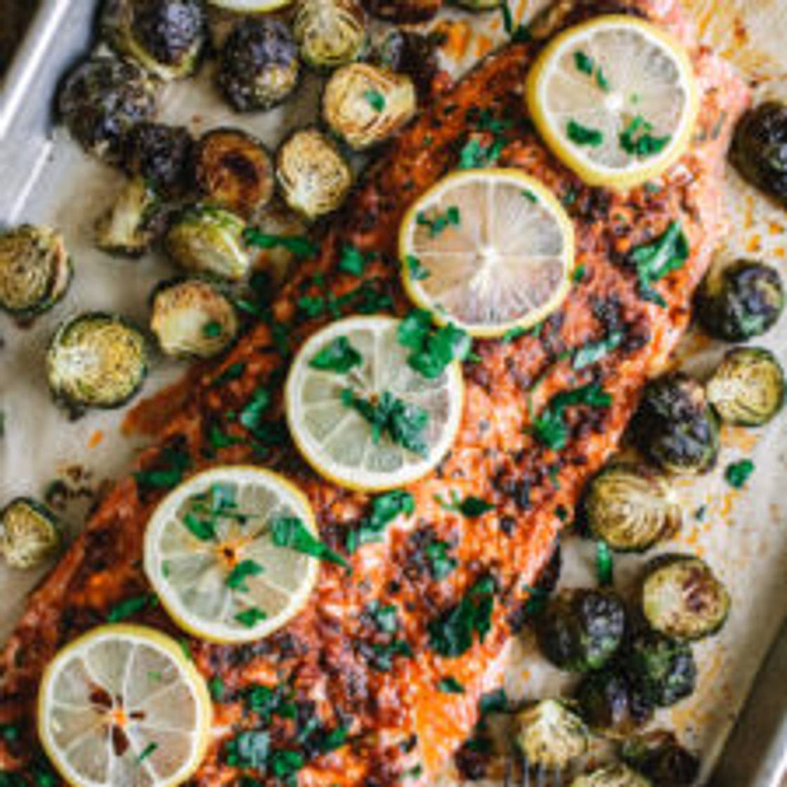 One Pan Roasted Citrus Glazed Salmon with Brussels Sprouts
